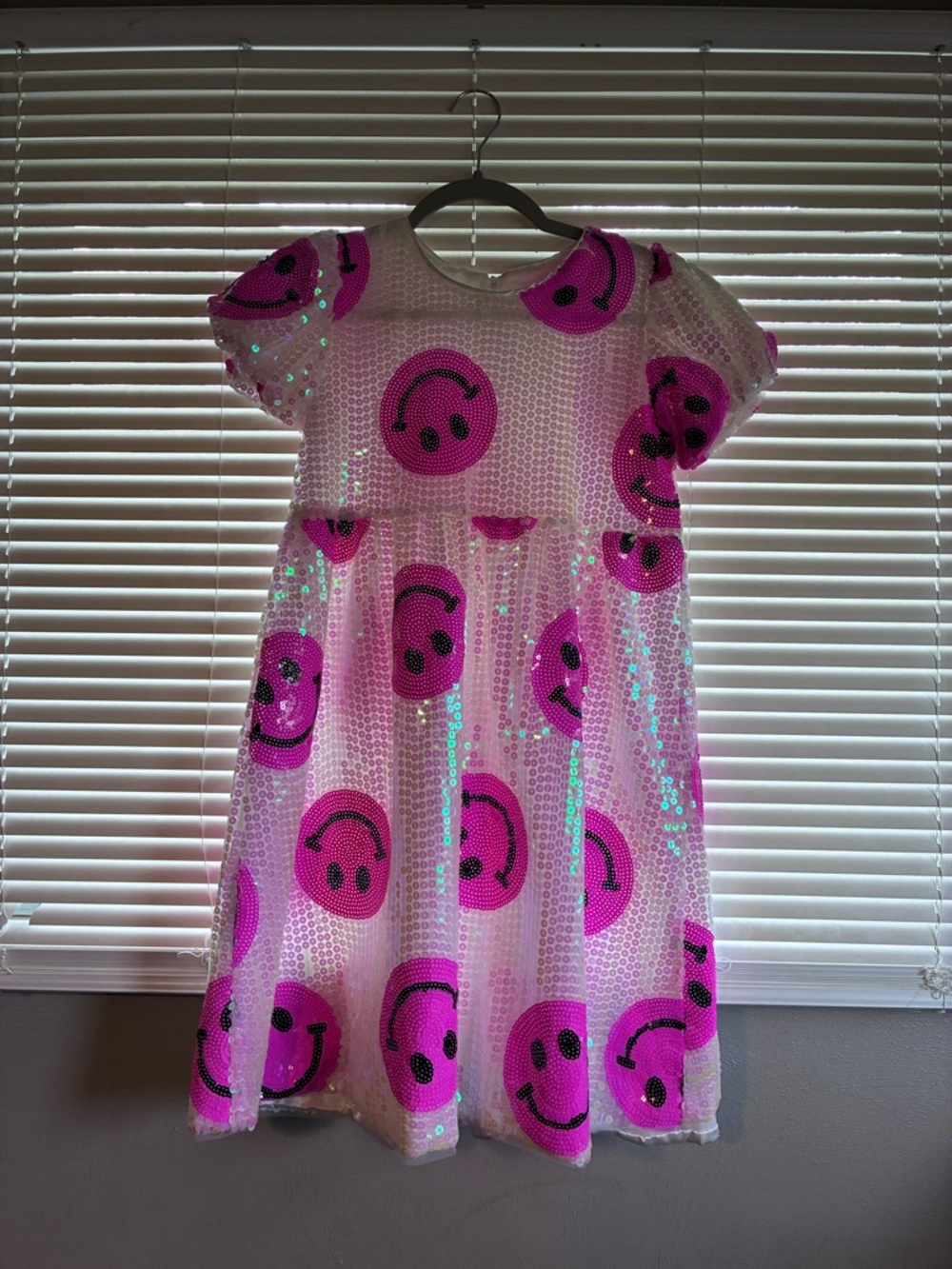 Lola + The Boys Pink and Iridescence Sequins    Dress with Smiley Faces